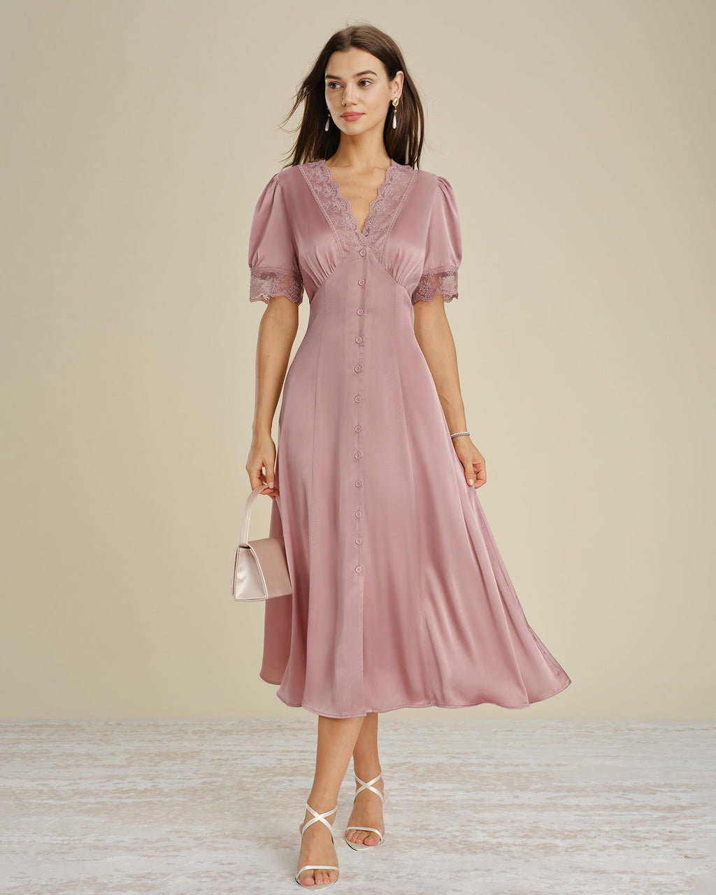 Pink Satin Midi Dress with Lace Accents