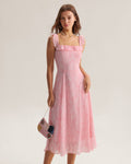 Pink Ruffled Midi Dress with Square Neckline