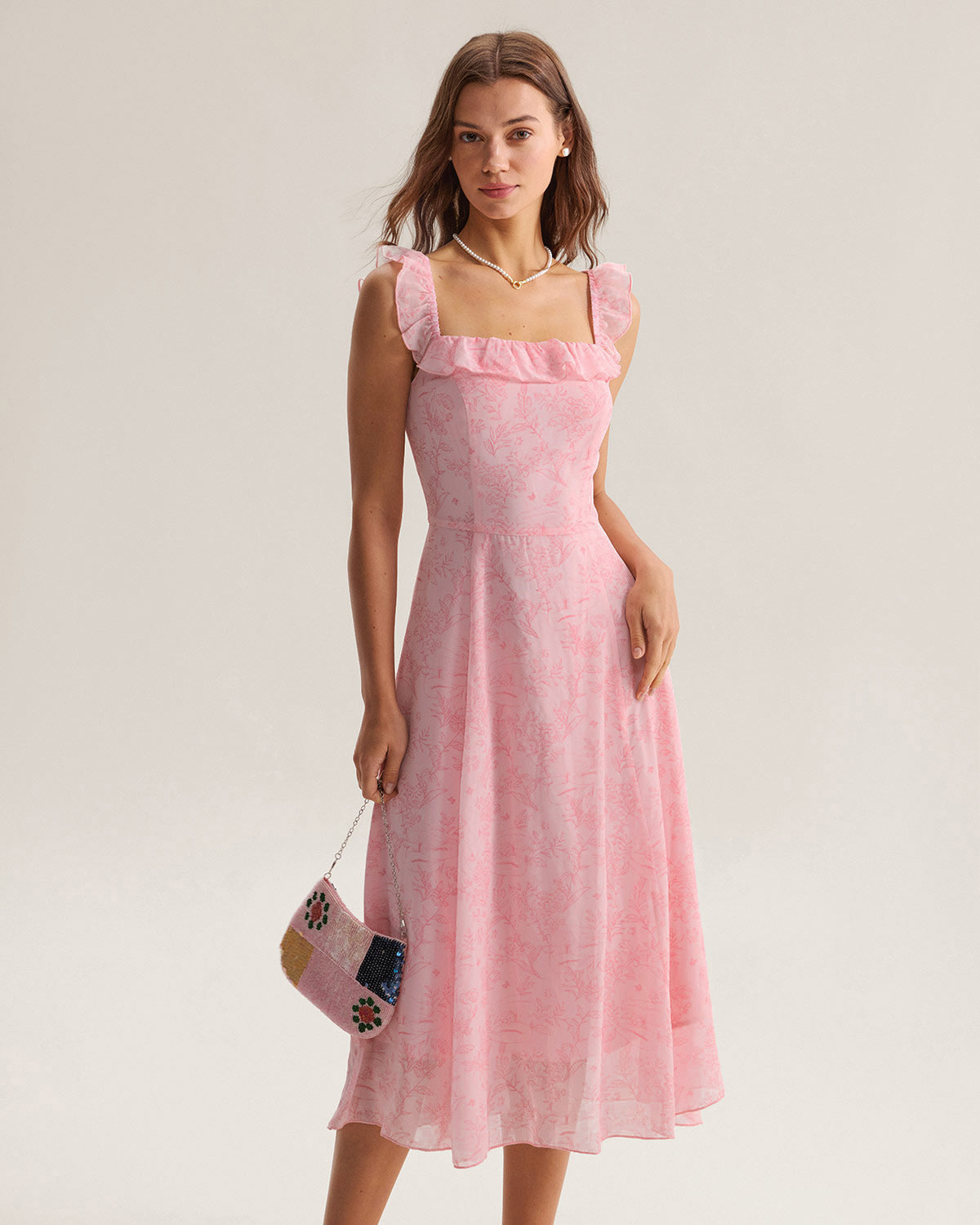 Pink Ruffled Midi Dress with Square Neckline
