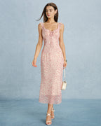 Pink V-Neck Ruffled Midi Dress with Tie Detail