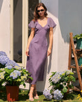 Floral Midi Dress with Purple V-Neck and Butterfly Sleeves