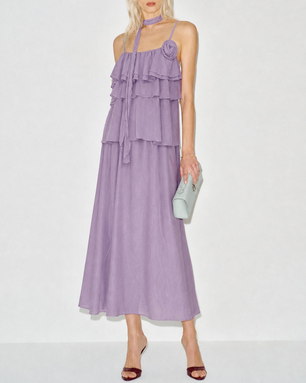 Ruffled Midi Dress with Purple Floral Print