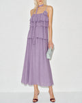 Ruffled Midi Dress with Purple Floral Print