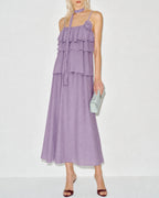 Ruffled Midi Dress with Purple Floral Print