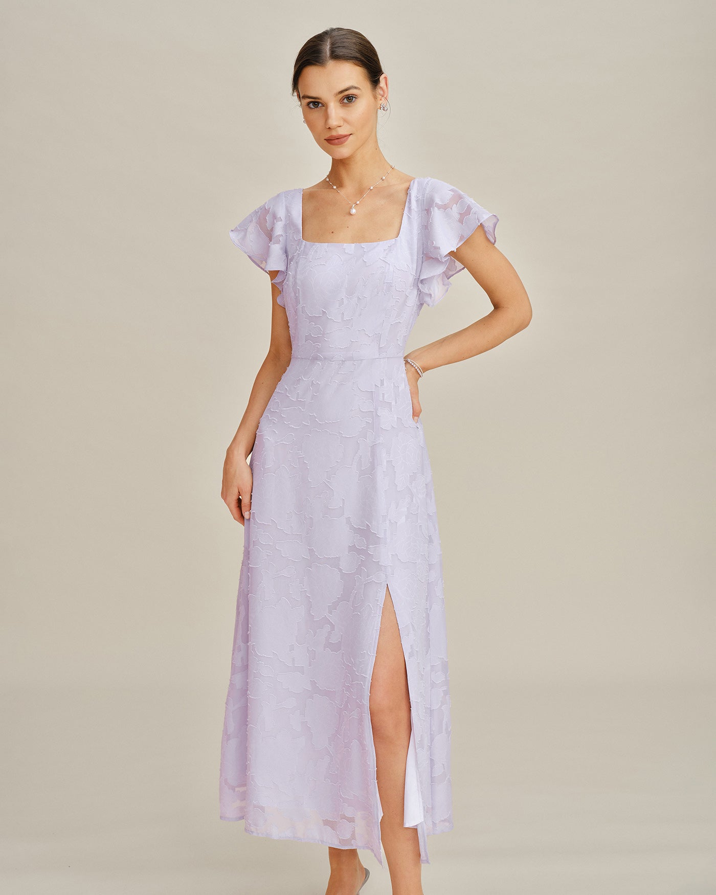 Jacquard Midi Dress with Purple Square Neck