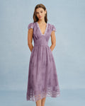 Purple Midi Dress with V-Neck and Lace Details