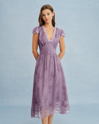 Purple Midi Dress with V-Neck and Lace Details