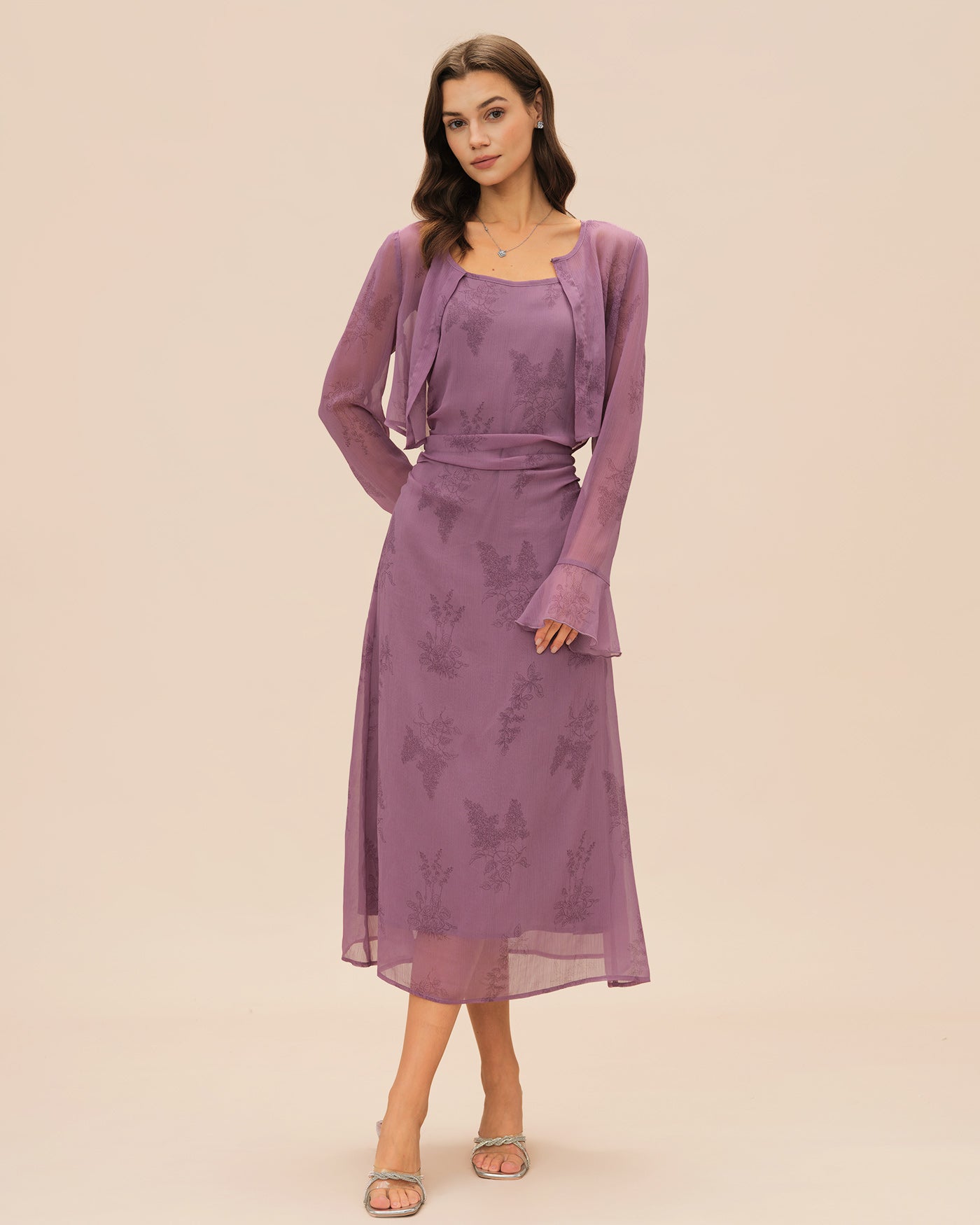Ruched Midi Dress with Purple Floral Print