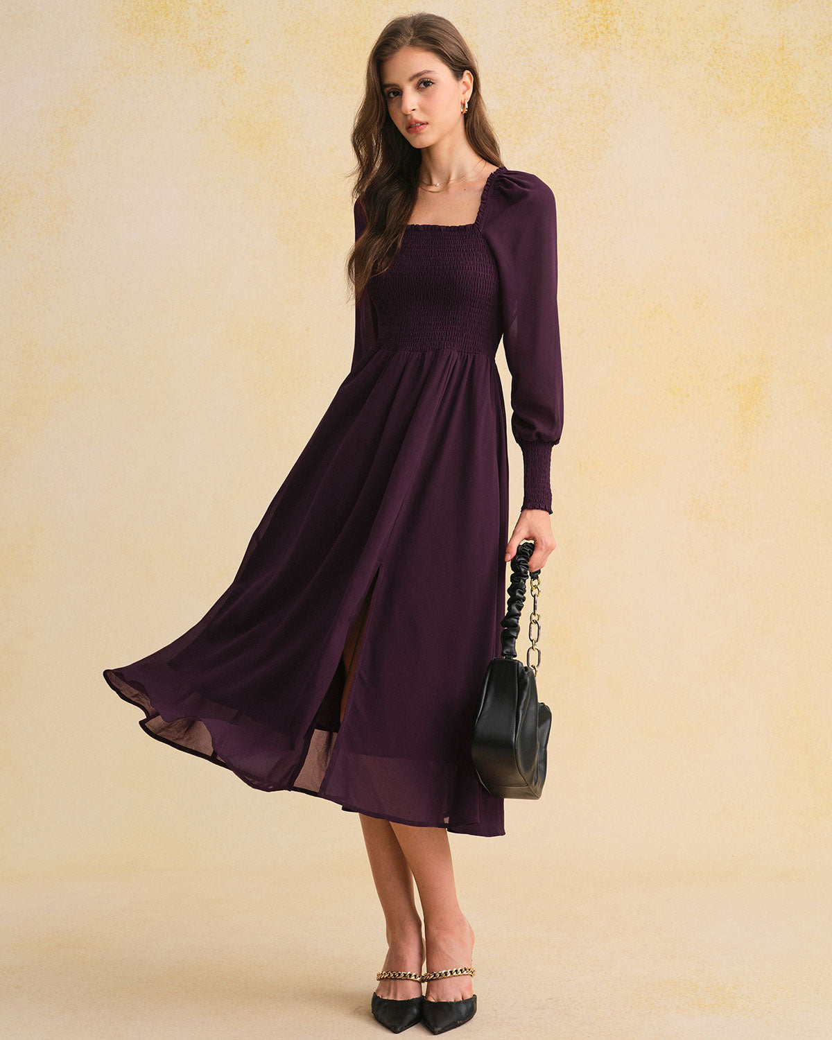 Purple Shirred Midi Dress with Lantern Sleeves in Chiffon