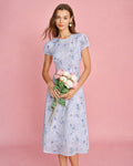 Jacquard Midi Dress with Purple Puffed Sleeves