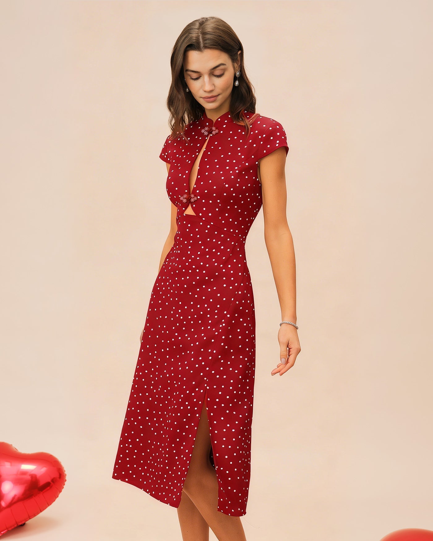 Polka Dot Midi Dress with Red Mandarin Collar