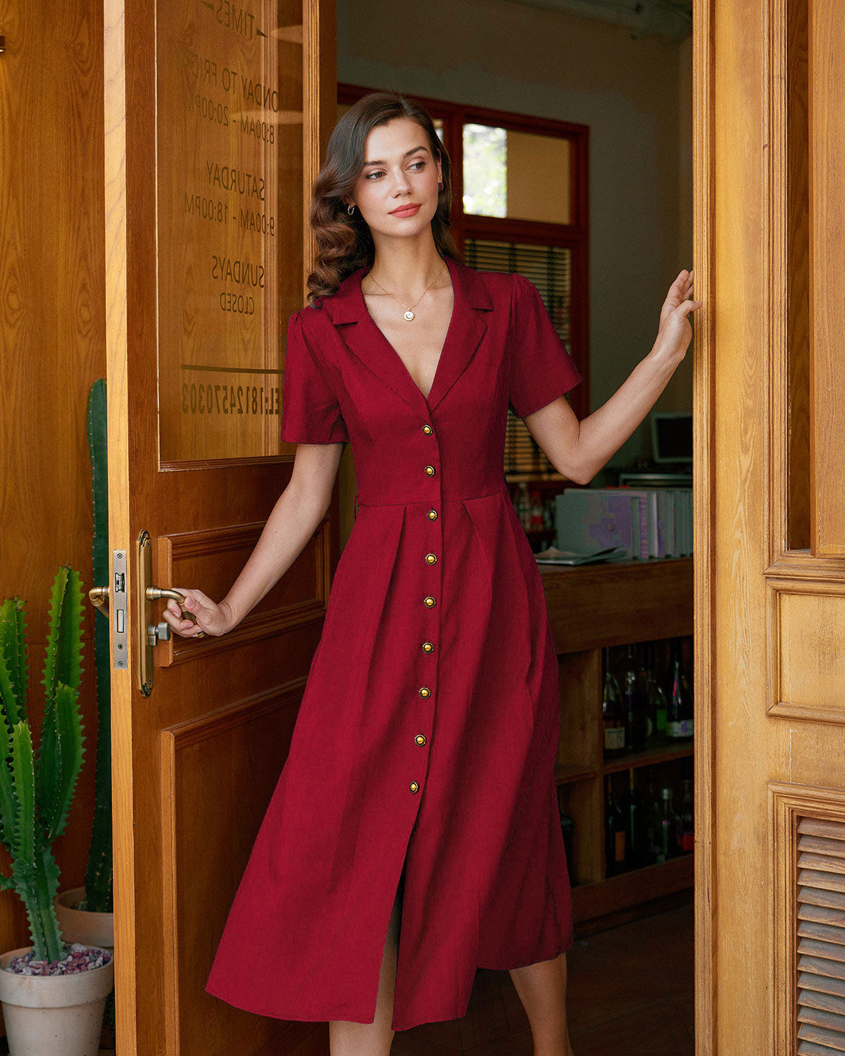 Red Pleated Midi Dress with A-Line Silhouette and Button Details