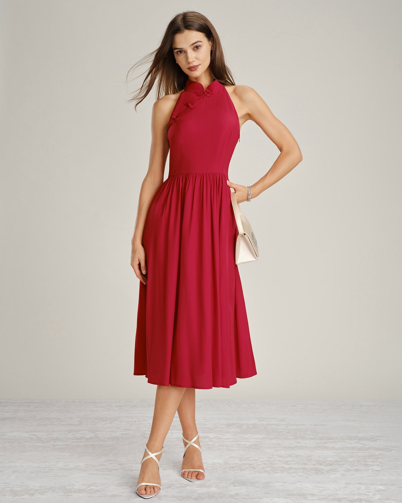 Red Midi Dress with Mandarin Collar and Pockets