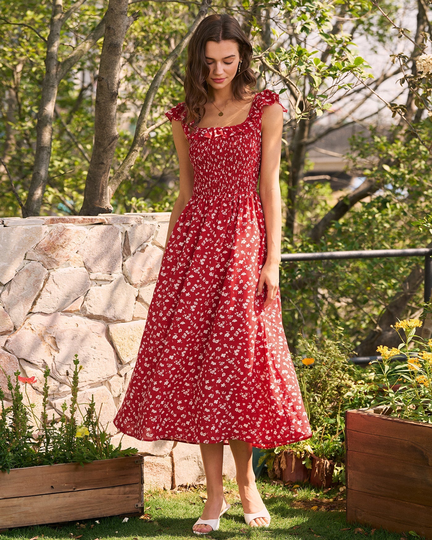 Floral Midi Dress with Red Square Neck
