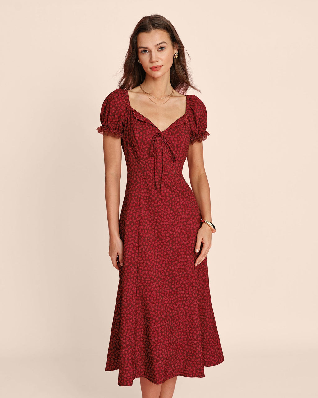 Floral Lace Midi Dress with Red V-Neck