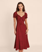 Floral Lace Midi Dress with Red V-Neck