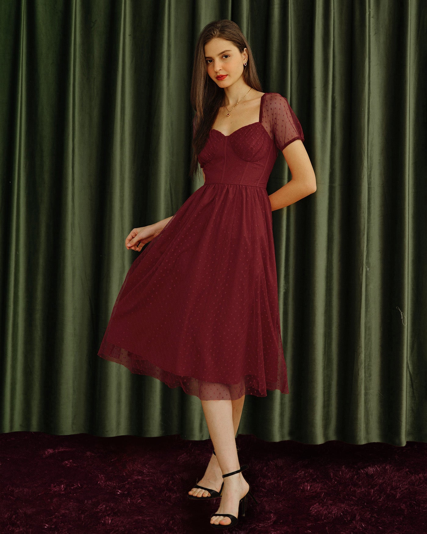 Red Polka Dot Midi Dress with Sweetheart Neckline
