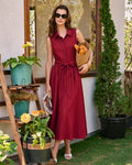 Red Button-Up Midi Dress with Collar