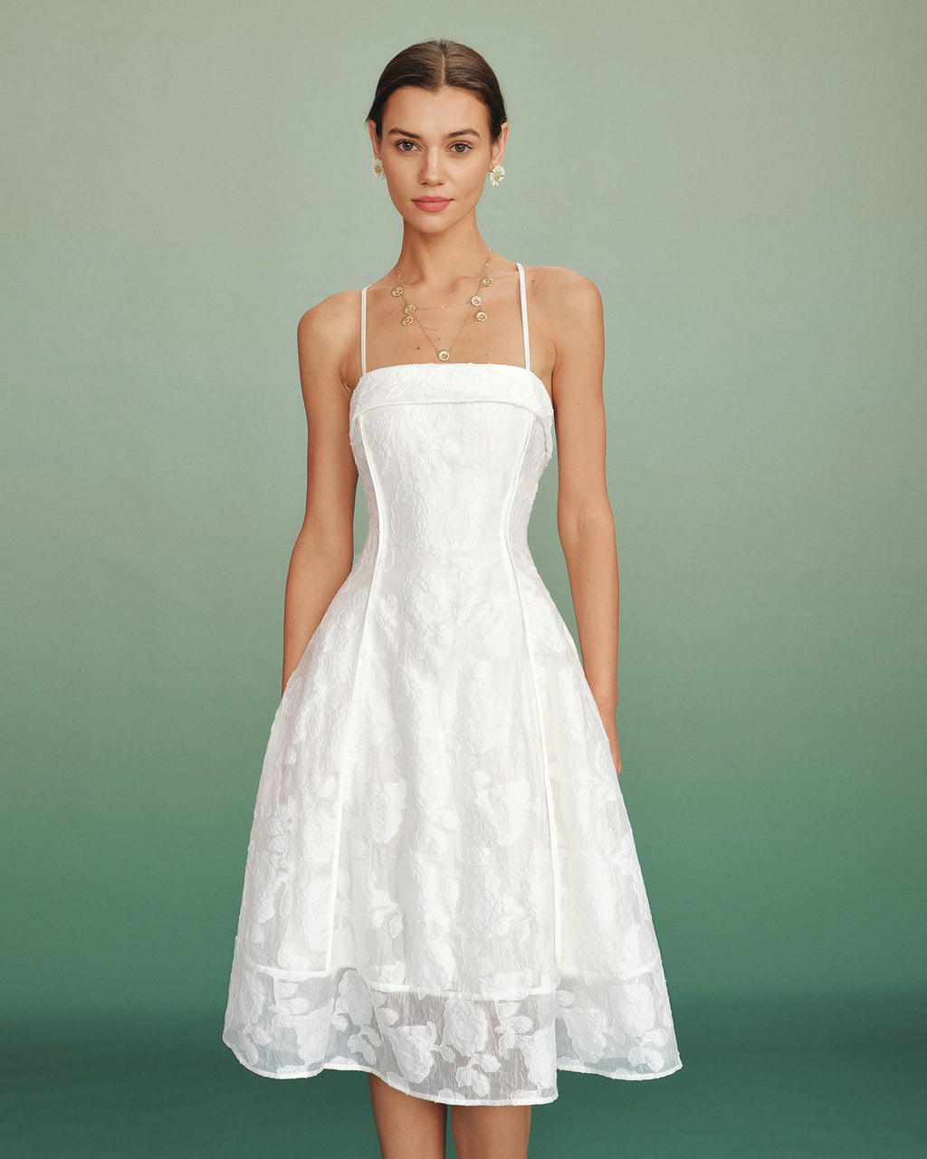 White Jacquard Midi Dress with Square Neckline