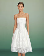 White Jacquard Midi Dress with Square Neckline