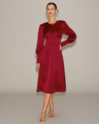 Wine Red Satin Midi Dress with A-Line Silhouette