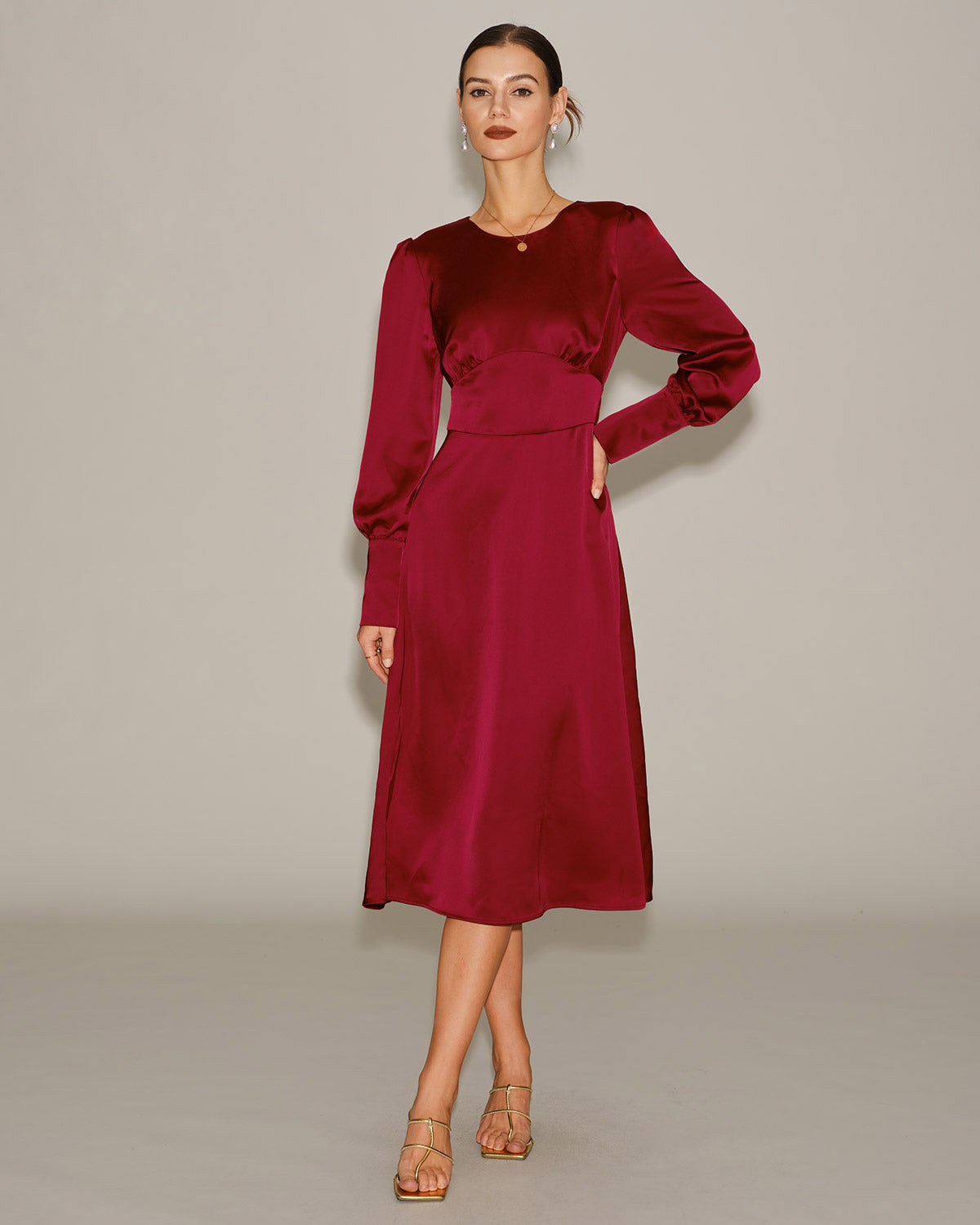 Wine Red Satin Midi Dress with A-Line Silhouette