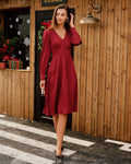 V-Neck Midi Dress in Wine Red Satin