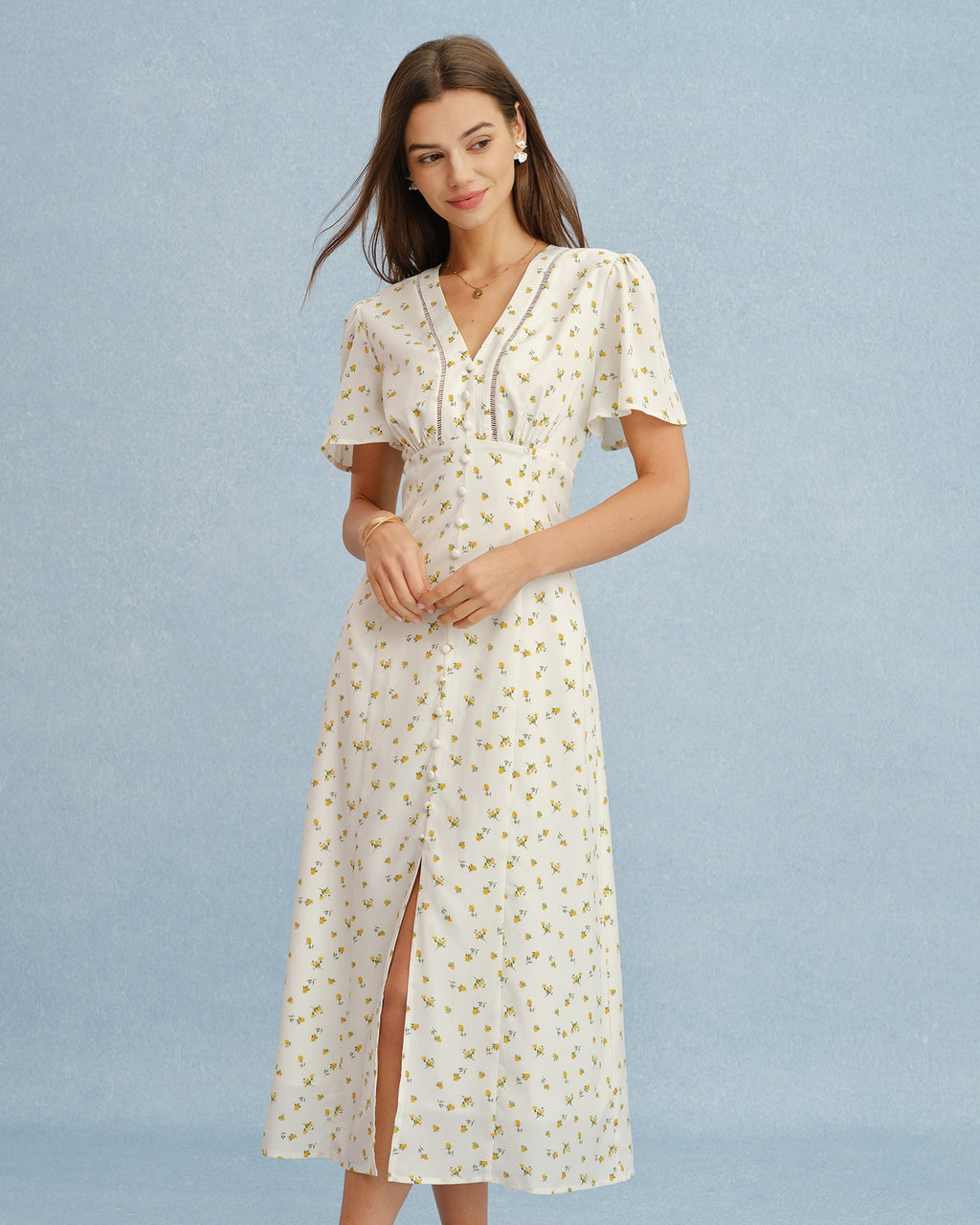 Floral Yellow V-Neck Midi Dress with Slit