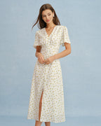 Floral Yellow V-Neck Midi Dress with Slit