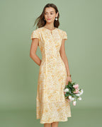 Floral Midi Dress with Yellow Cap Sleeves
