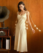 Yellow Floral Satin Midi Slip Dress
