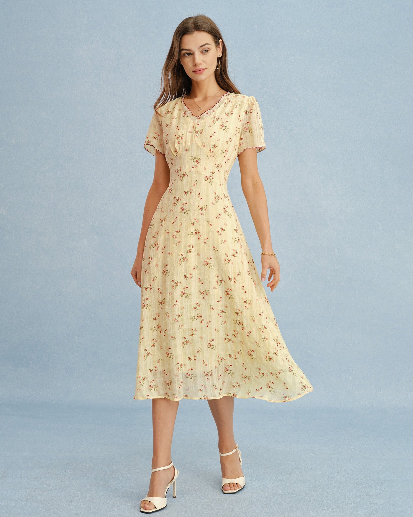 Floral Midi Dress with V-Neck in Yellow