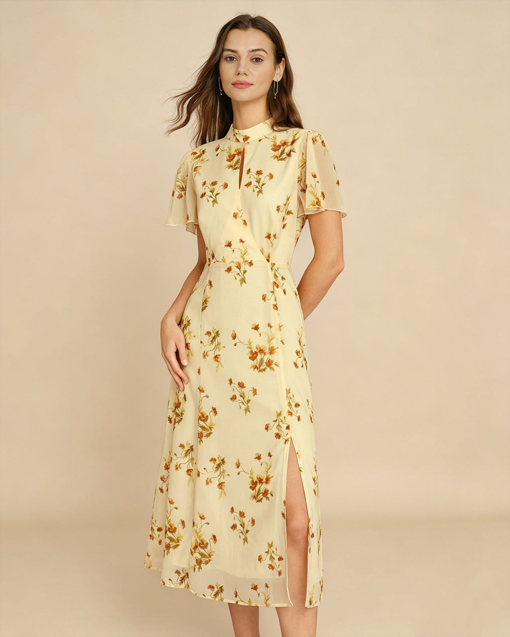 Floral Midi Dress with Yellow Turtle Butterfly Sleeves