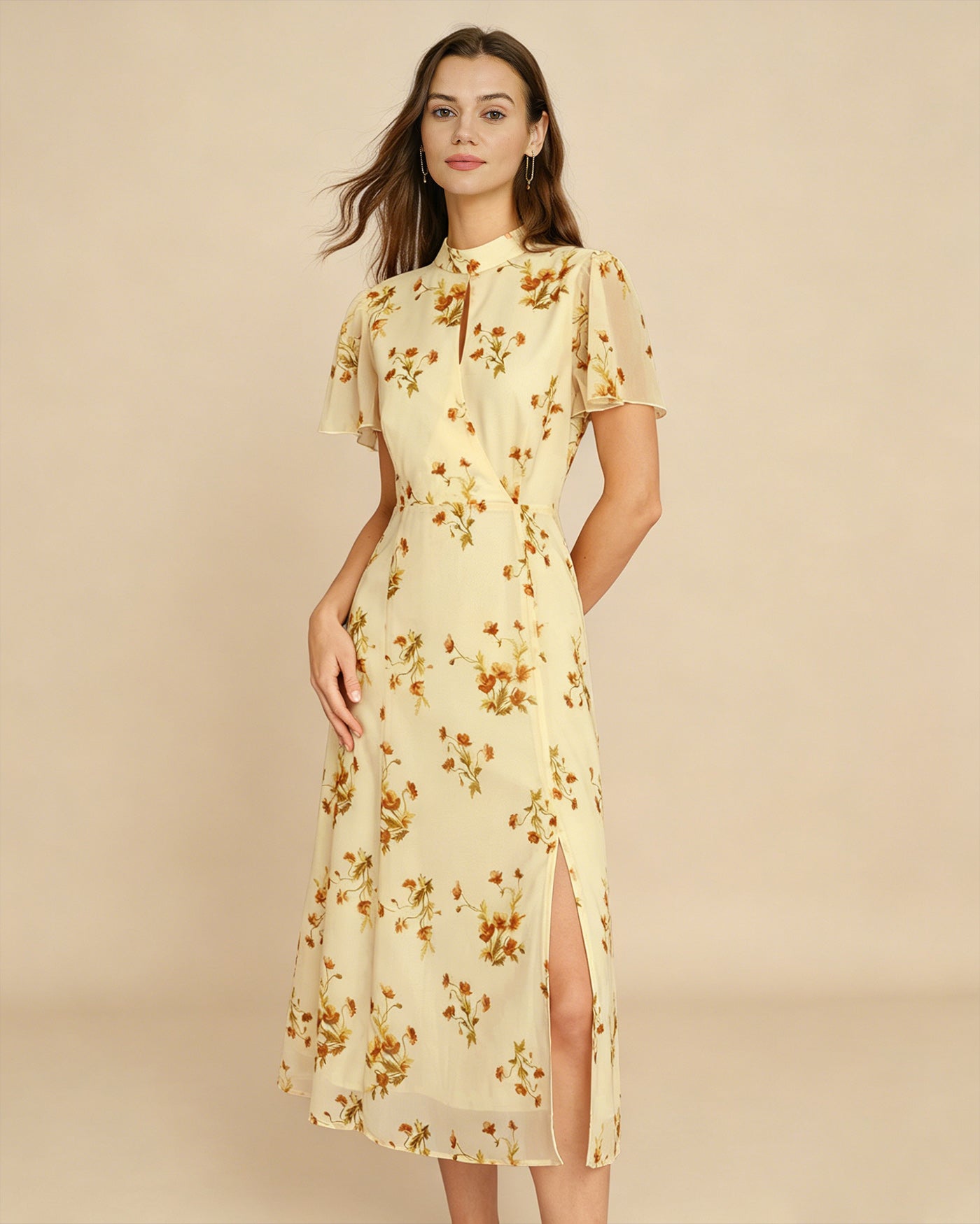 Floral Midi Dress with Yellow Turtle Butterfly Sleeves