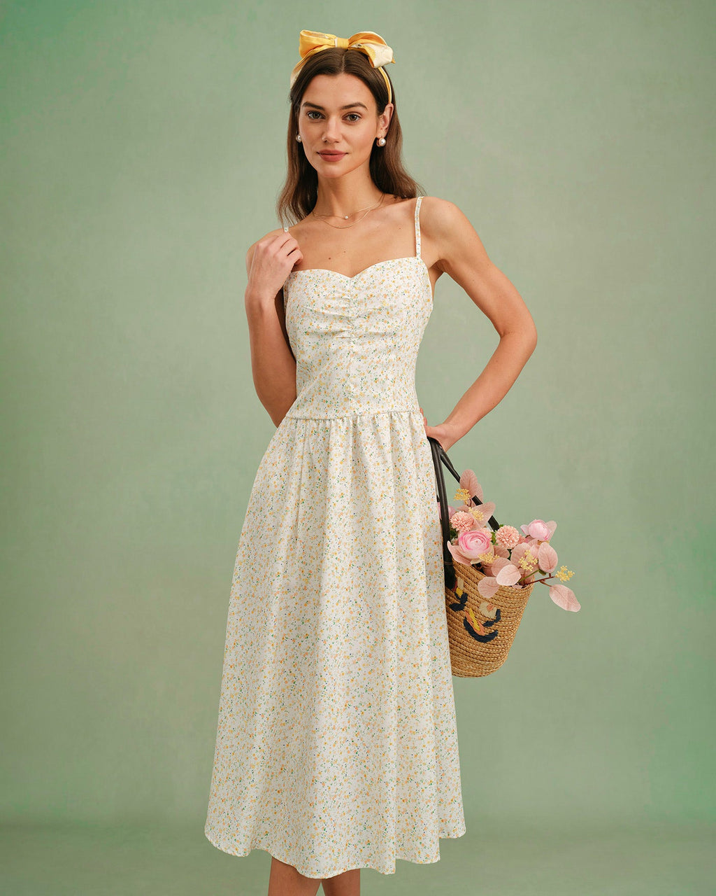 Floral Midi Dress with Sweetheart Neckline in Yellow