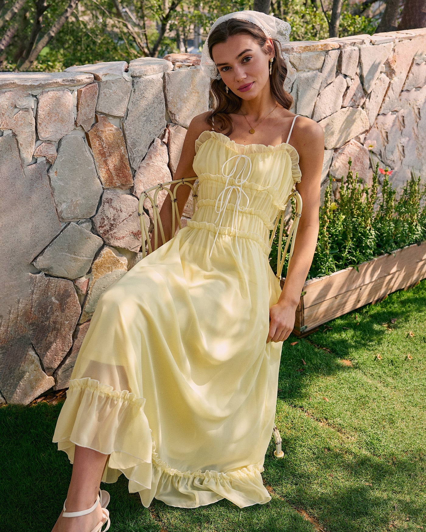 Yellow Ruffled Midi Dress with Sweetheart Neckline