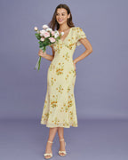 Floral Mermaid Midi Dress in Yellow with V-Neck