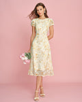 Jacquard Midi Dress with Yellow Puffed Sleeves