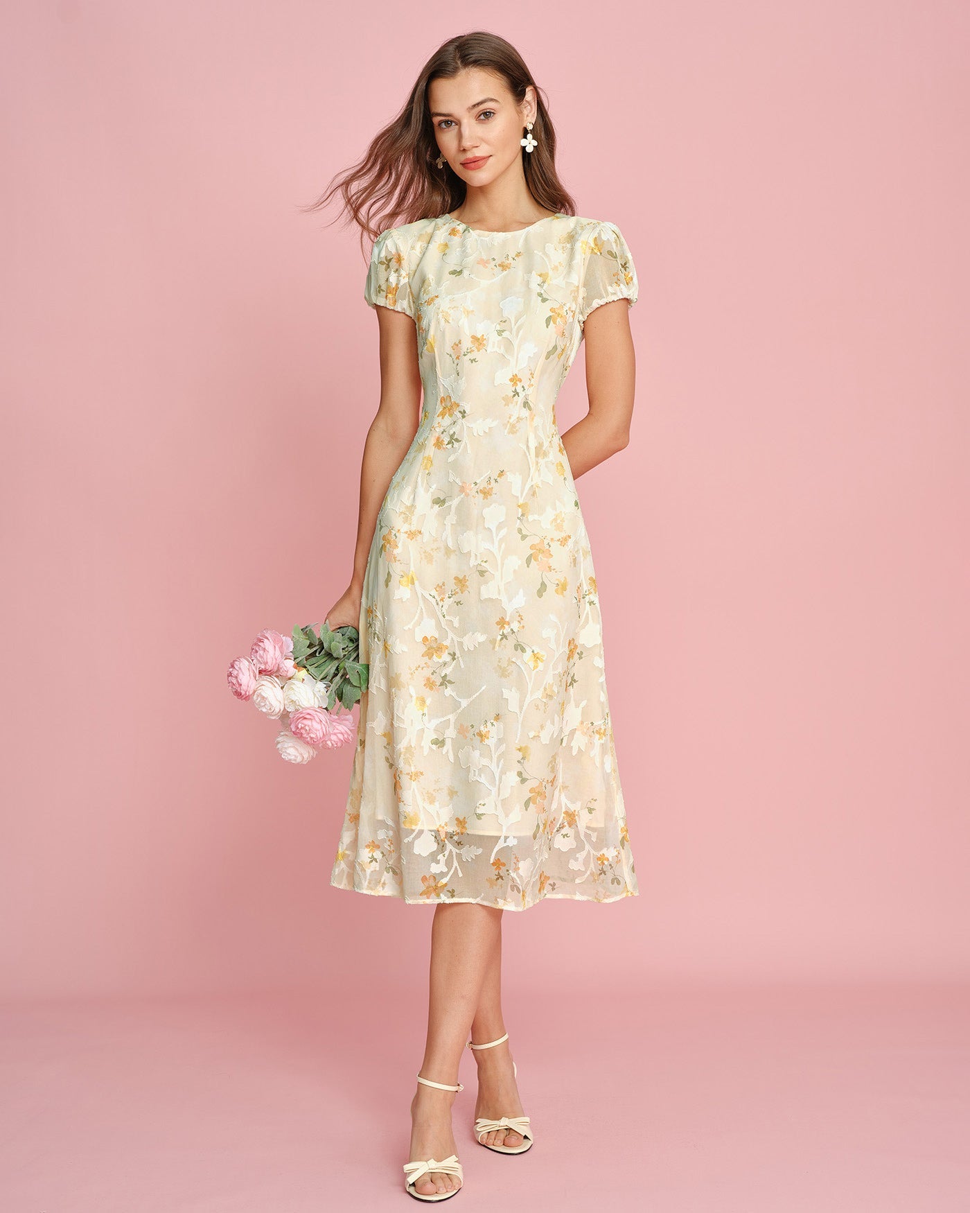Jacquard Midi Dress with Yellow Puffed Sleeves