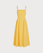 Yellow A-Line Midi Dress with Shirred Details