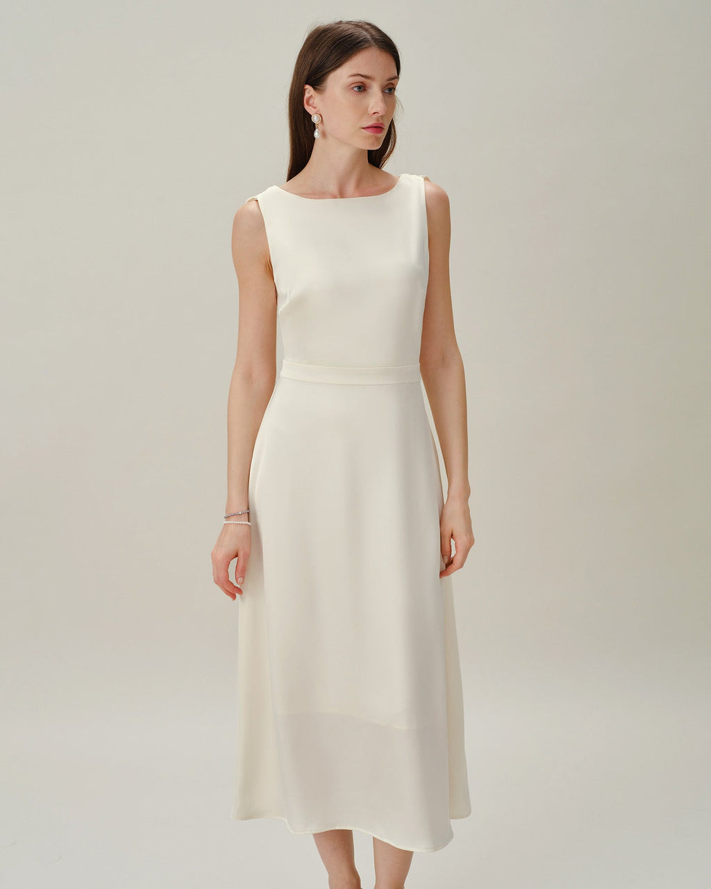Apricot Pearl Satin Midi Dress with Boat Neck