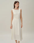 Apricot Pearl Satin Midi Dress with Boat Neck
