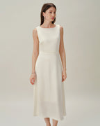 Apricot Pearl Satin Midi Dress with Boat Neck