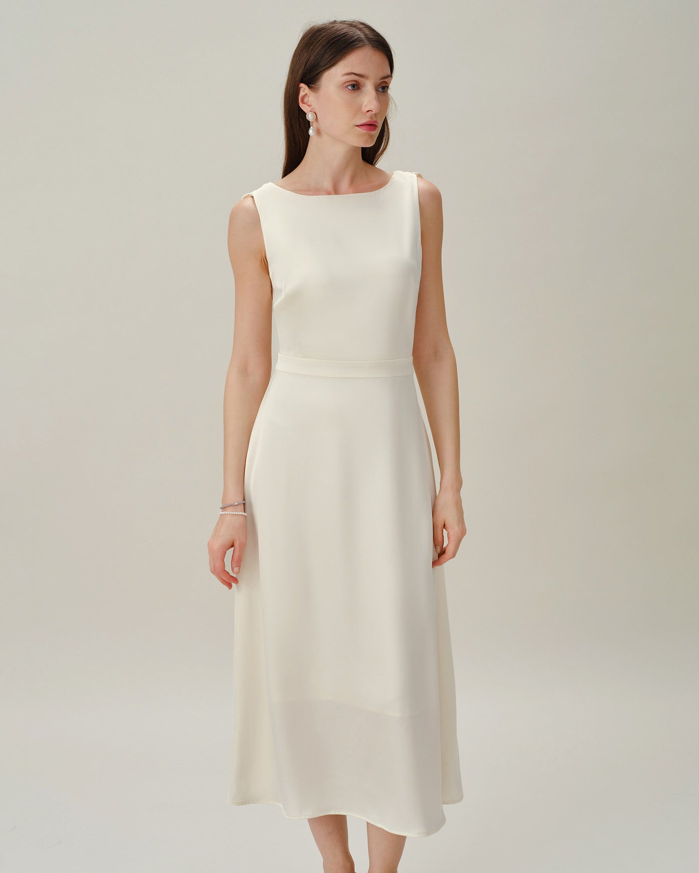Apricot Pearl Satin Midi Dress with Boat Neck