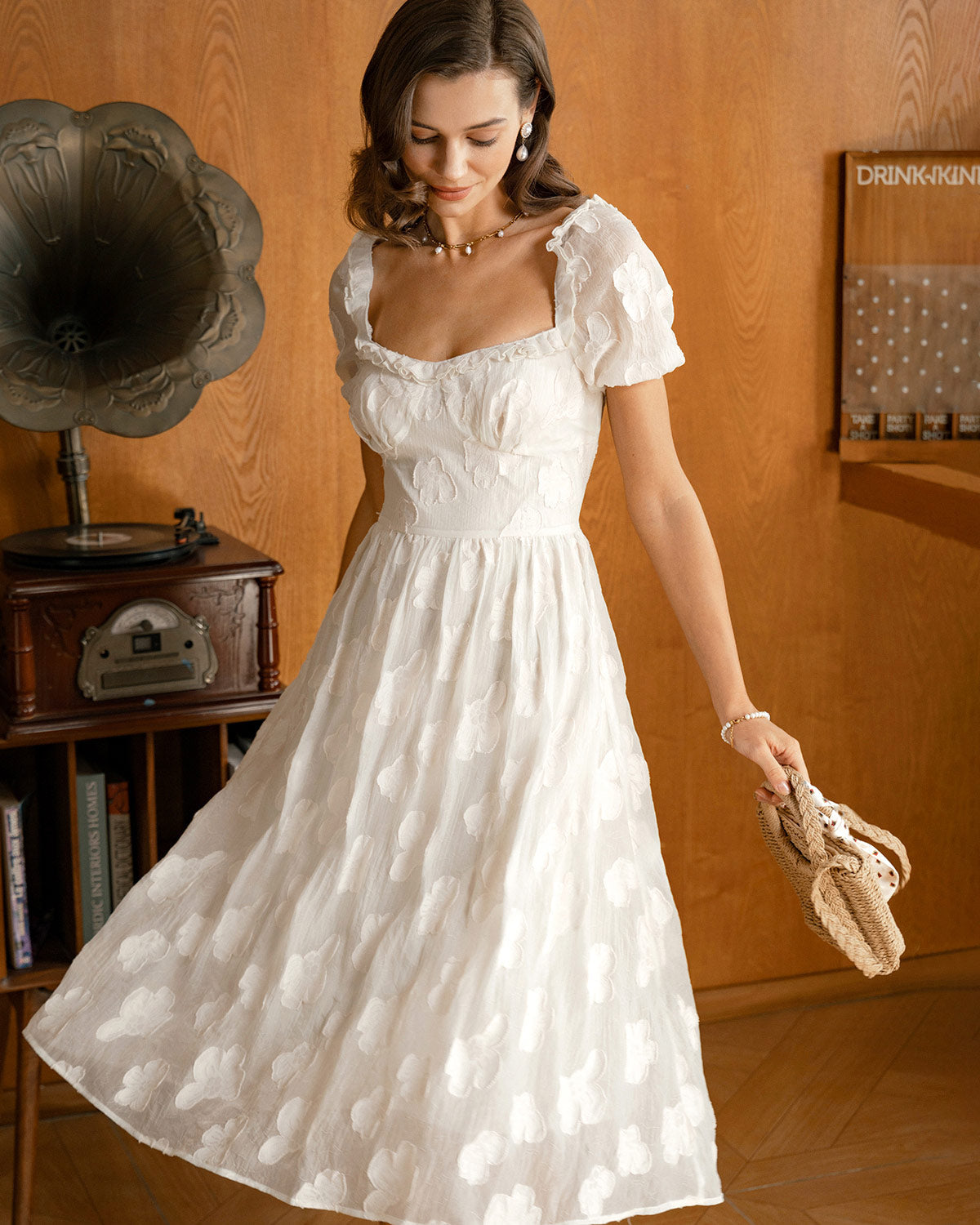 Beige Midi Dress with Square Neck and Puffed Sleeves
