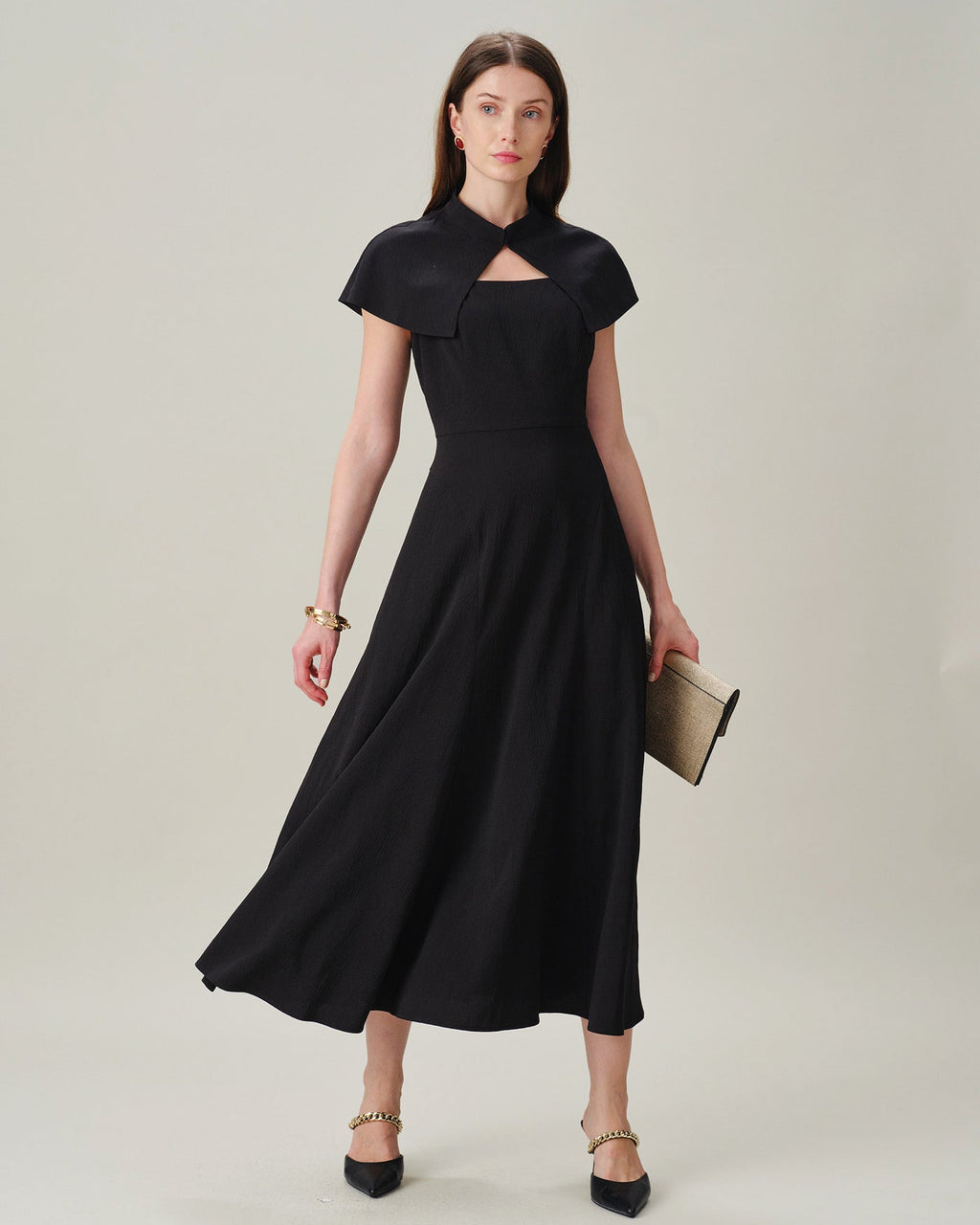 Black Sleeveless Midi Dress with Square Neck and Button Details