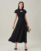 Black Sleeveless Midi Dress with Square Neck and Button Details