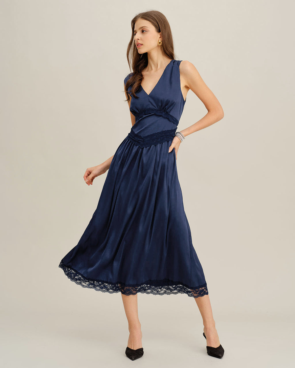 Blue Sleeveless Midi Dress with V-Neck and A-Line Silhouette