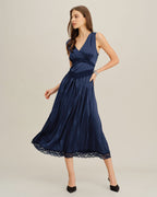 Blue Sleeveless Midi Dress with V-Neck and A-Line Silhouette