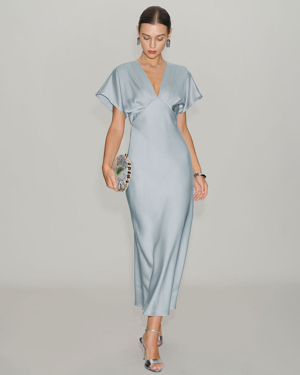 Blue Satin Midi Dress with V-Neck and Cowl Sleeves